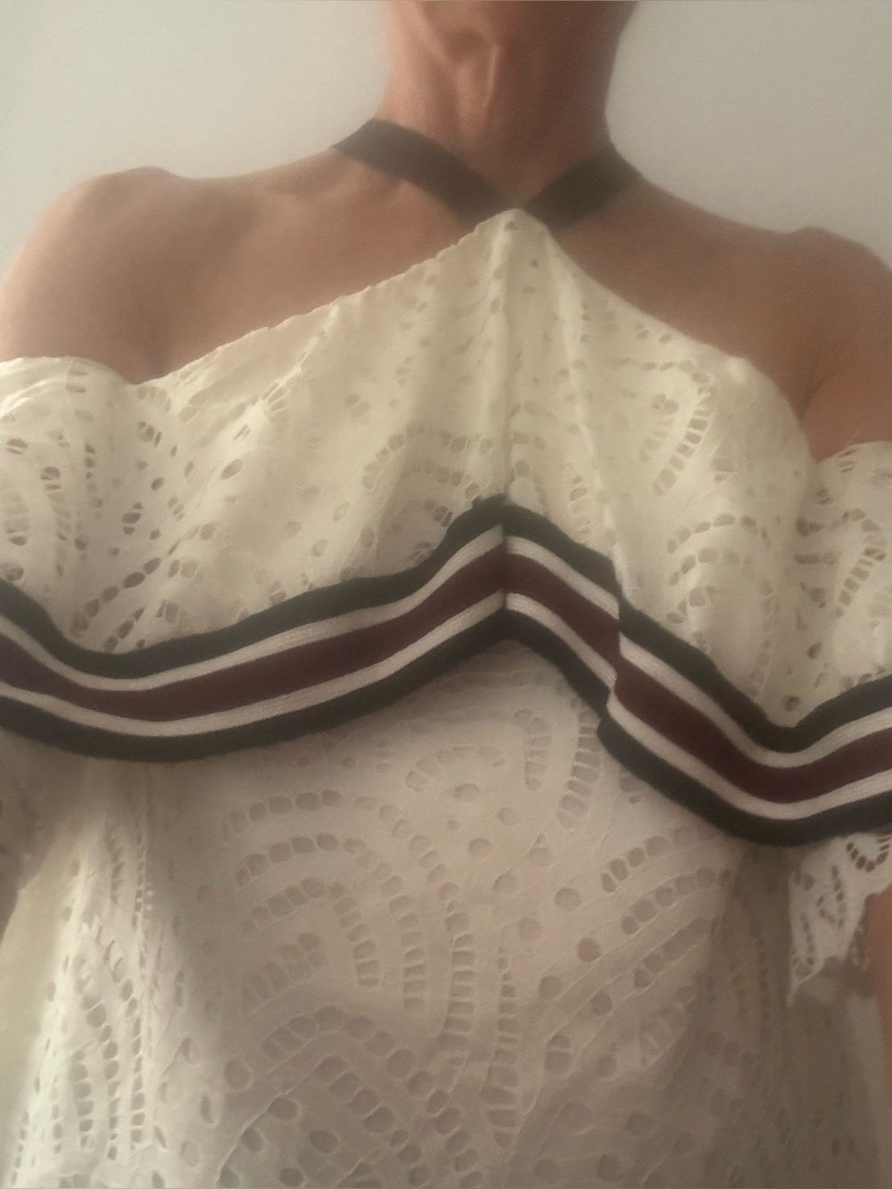 Lace Off-Shoulder Women's Top with Striped Trim - White, Made in Italy